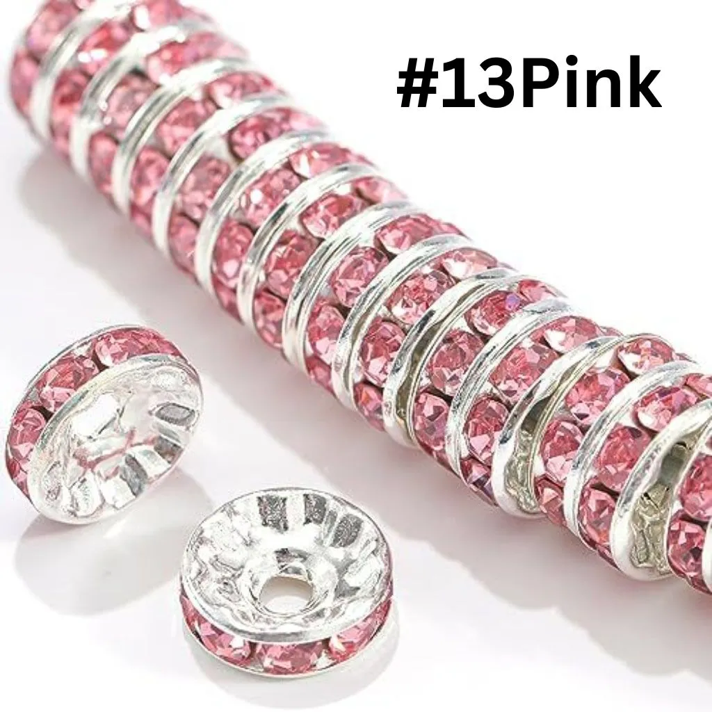 Straight Flat Round Metal Spacers with Rhinestones in Solid Colors, 10mm - Image 32