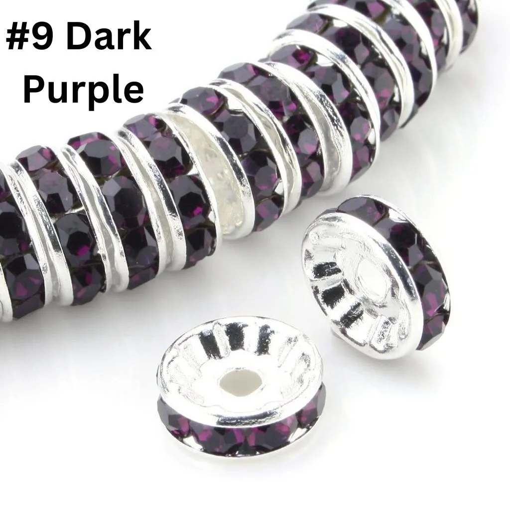 Straight Flat Round Metal Spacers with Rhinestones in Solid Colors, 10mm - Image 35