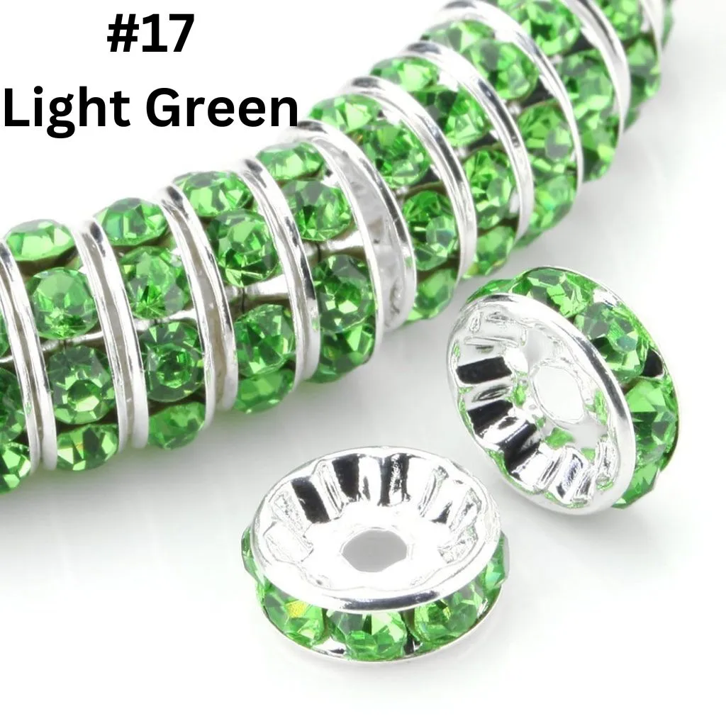 Straight Flat Round Metal Spacers with Rhinestones in Solid Colors, 10mm - Image 38